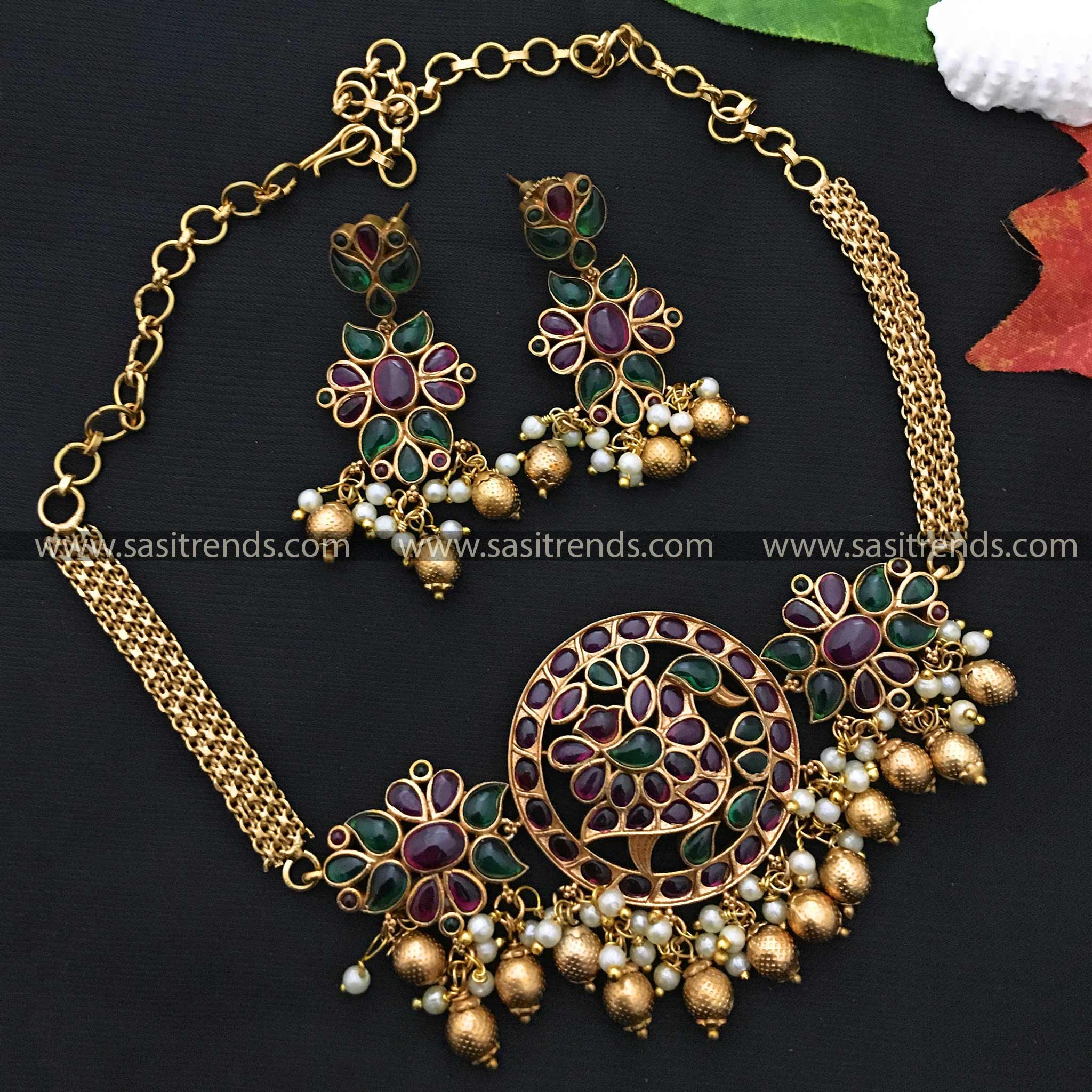 Traditional temple gold choker necklace with kemp AD stones and earrings