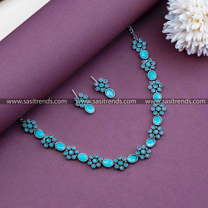 Graceful Mint Oxidised German Silver Necklace Jewellery - Floral Detailing