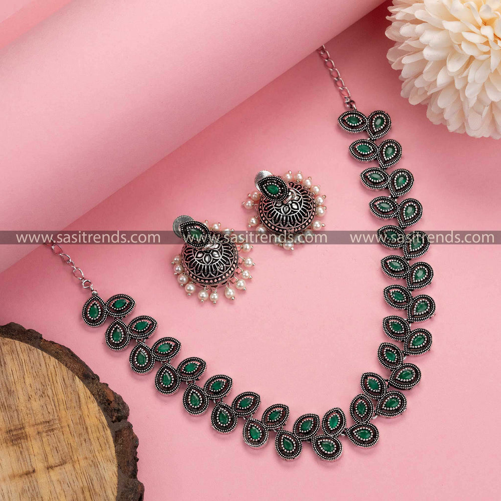 Green Elegance: Oxidised German Silver Necklace with Pearl Jhumkas - Timeless Beauty with a Modern Twist