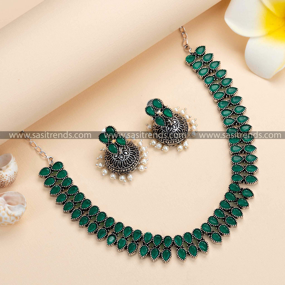 Oxidised German Silver Necklace & Pearl Jhumkas Featuring Green Stones - Classic Party Wear