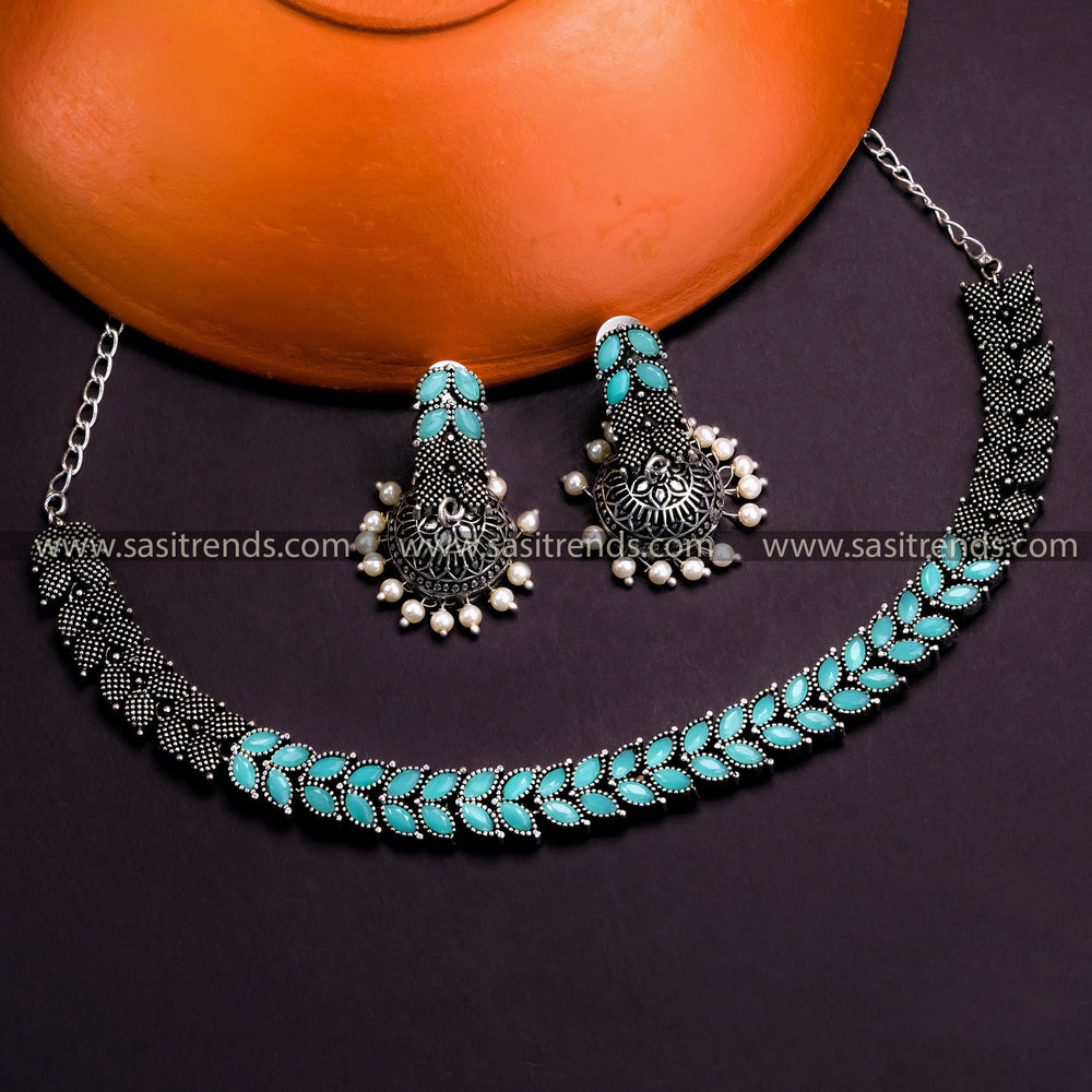 Latest Oxidised German Silver Mint Leaf Necklace Set with Pearl Jhumkas