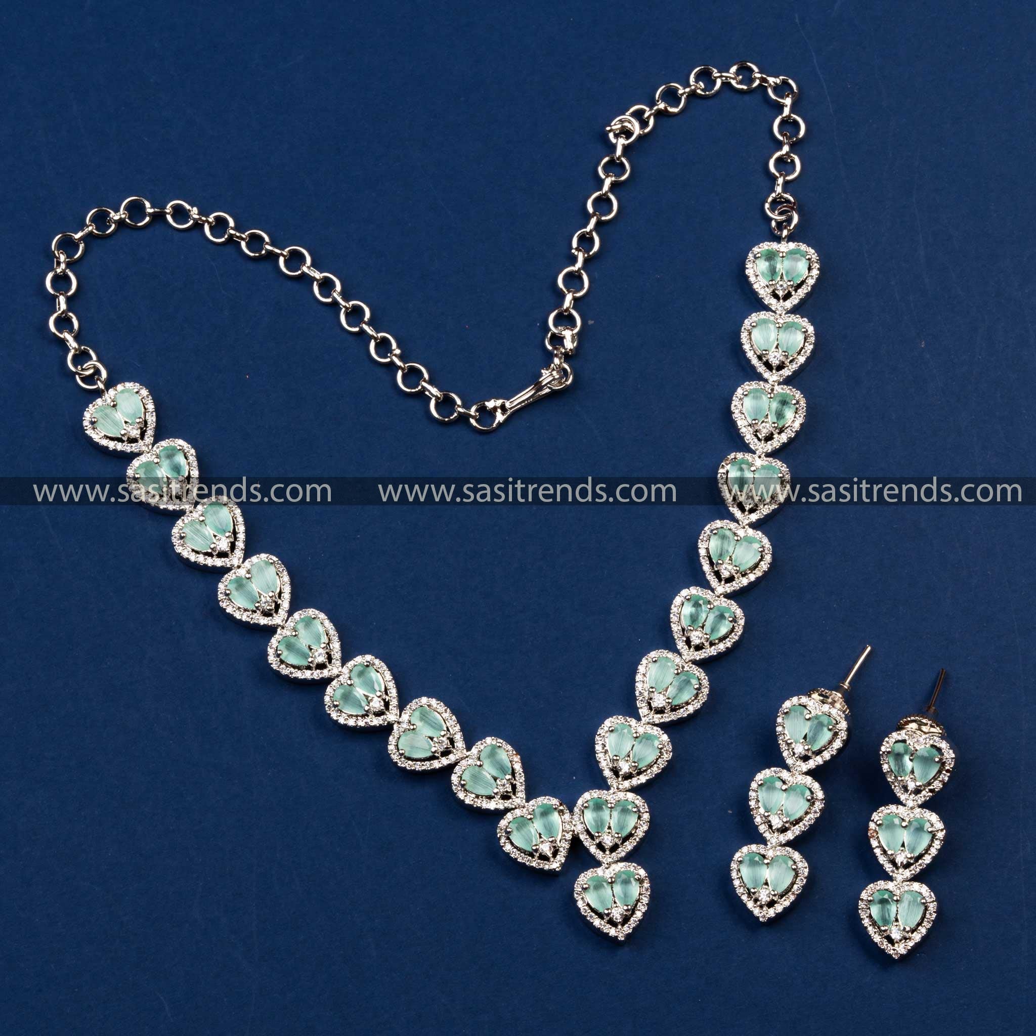 Stunning Party Wear Rhodium Silver Plated Heart Motif AD Necklace with Earrings | Sasitrends - Sasitrends