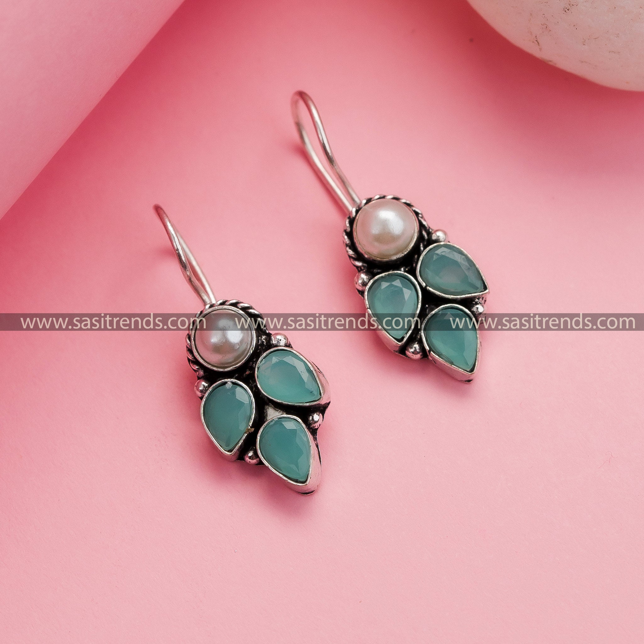 Stunning Office Wear Oxidized German Silver Hook Earrings in Mint - Trendy Collections with Pearl and AD Stone Drops for Women