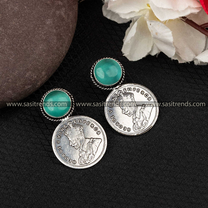 George V King Emperor coin earrings with aqua Monalisa stone