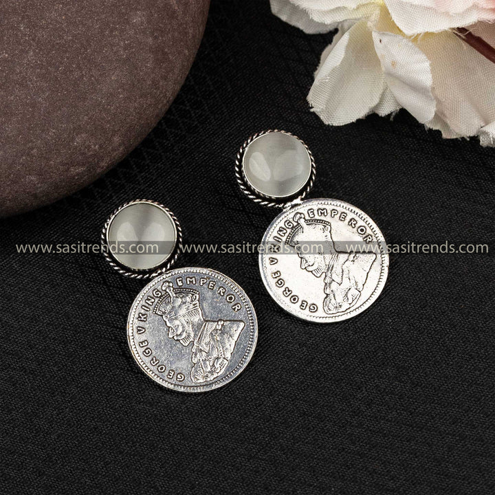 George V King Emperor oxidized earrings with grey Monalisa stone