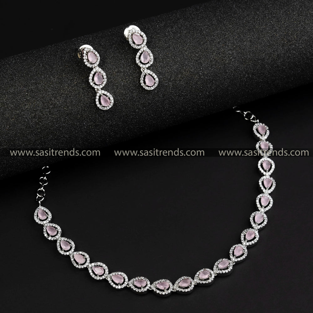 Elegant Rhodium Silver Plated Necklace with Lovely Pink Stones and American Diamonds