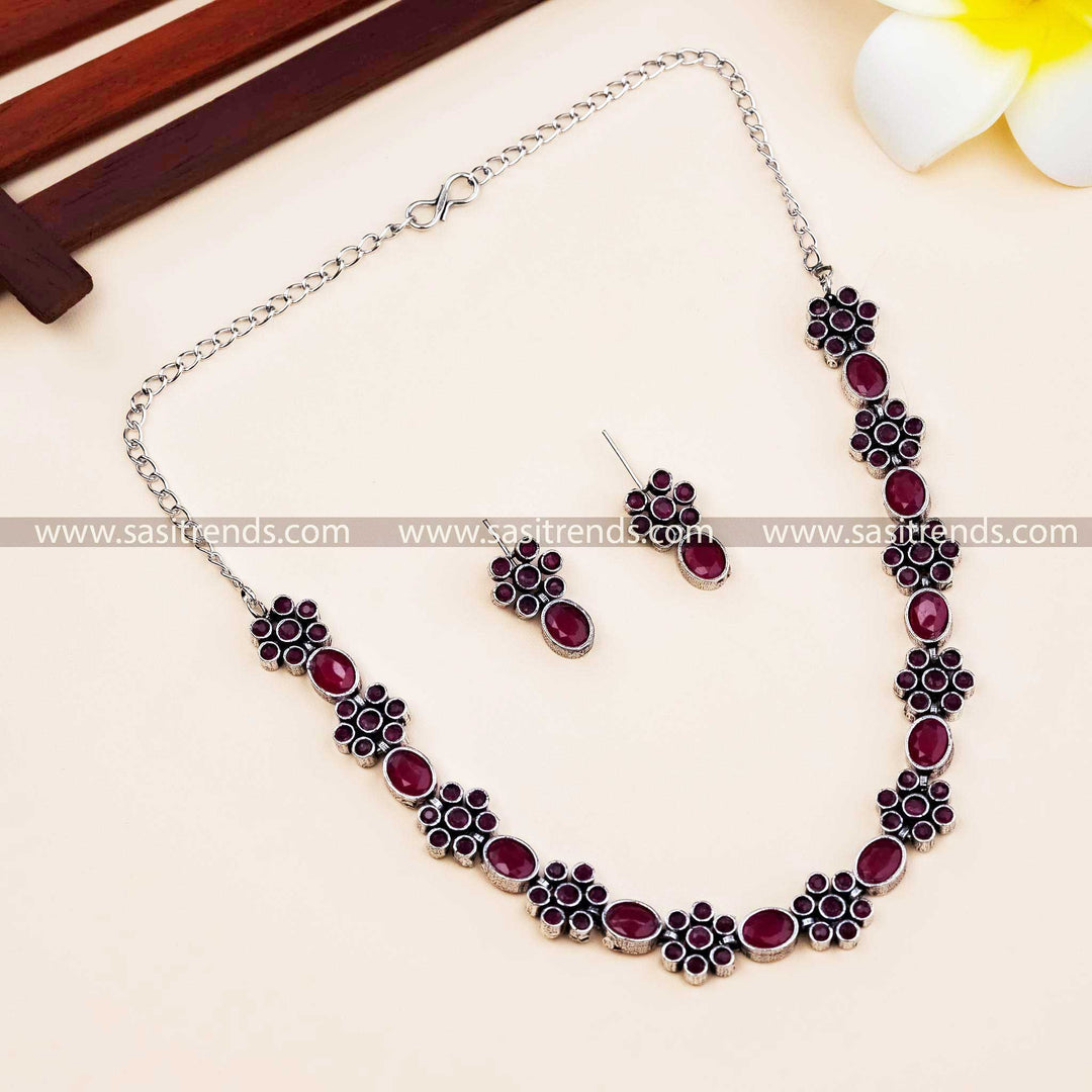 Exquisite Ruby Flower Motif Oxidised German Silver Necklace - Elegant Jewelry