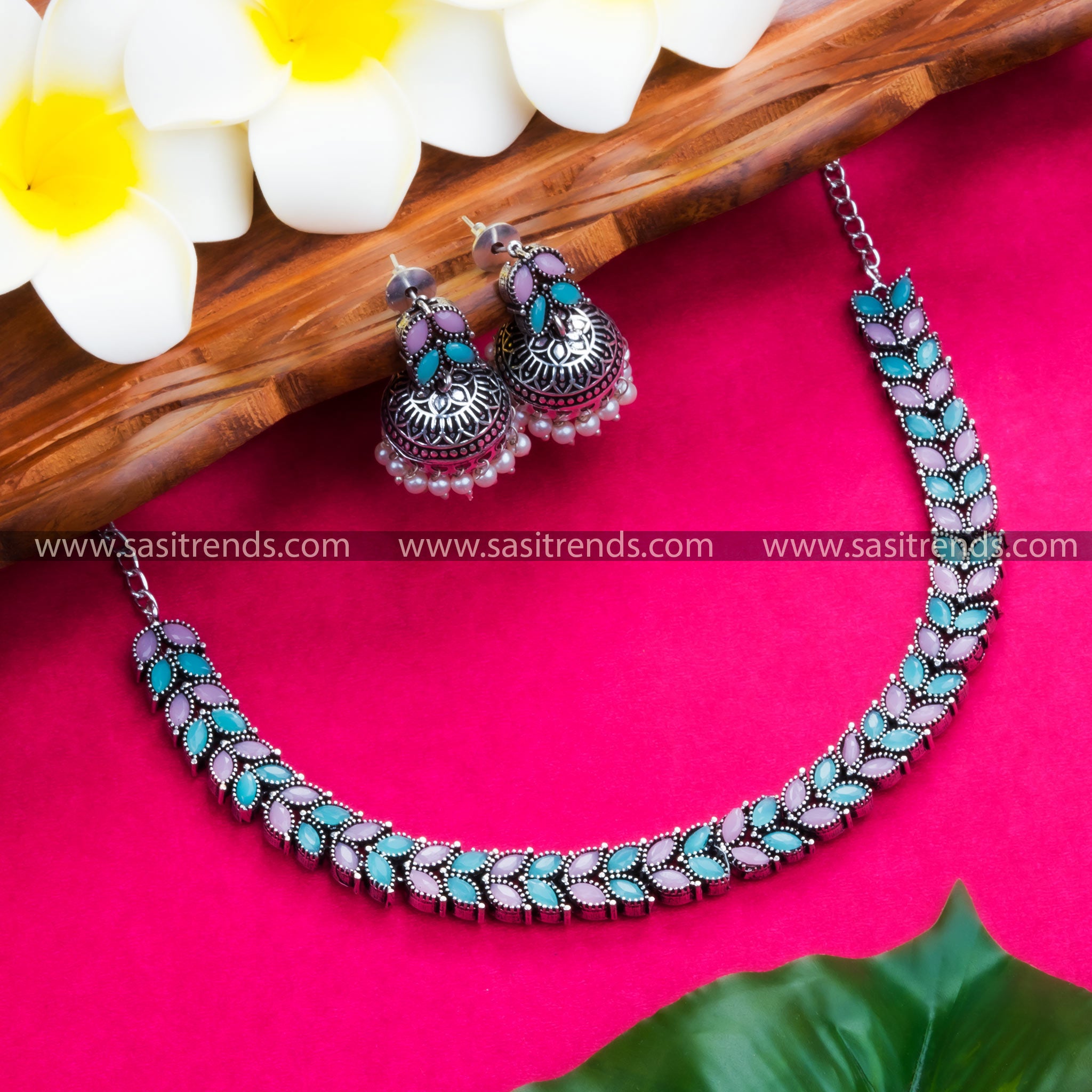 Oxidised German Silver Leaf Necklace & Jhumkas - Mint-Pink Stone, Perfect for Parties