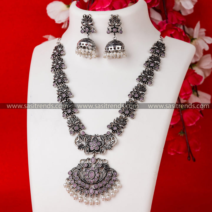 Party-Ready Floral Pendant Necklace Set with Pink Stones - Oxidised German Silver and Pearl Jhumkas