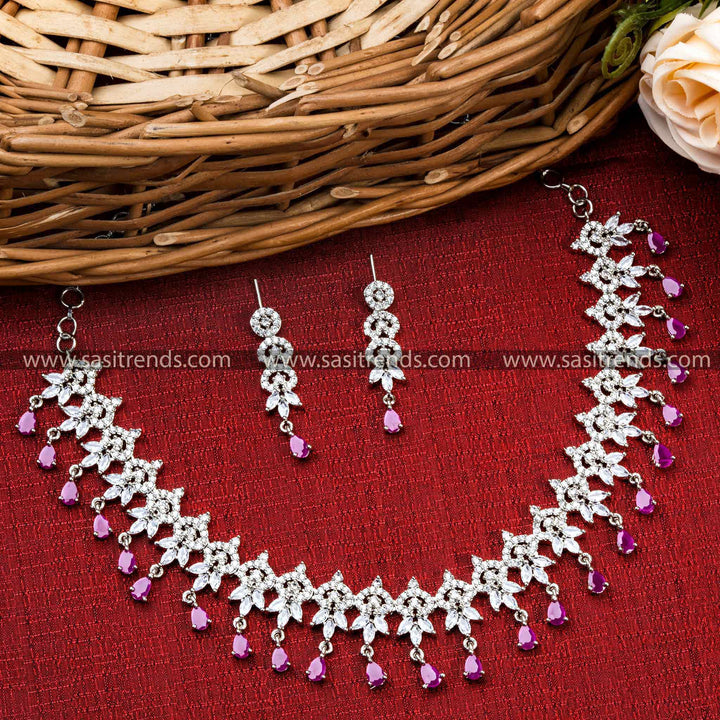 Rhodium Silver Plated Necklace with Gorgeous Floral Pattern, Ruby Stones, and American Diamonds - Party Wear Jewelry Set