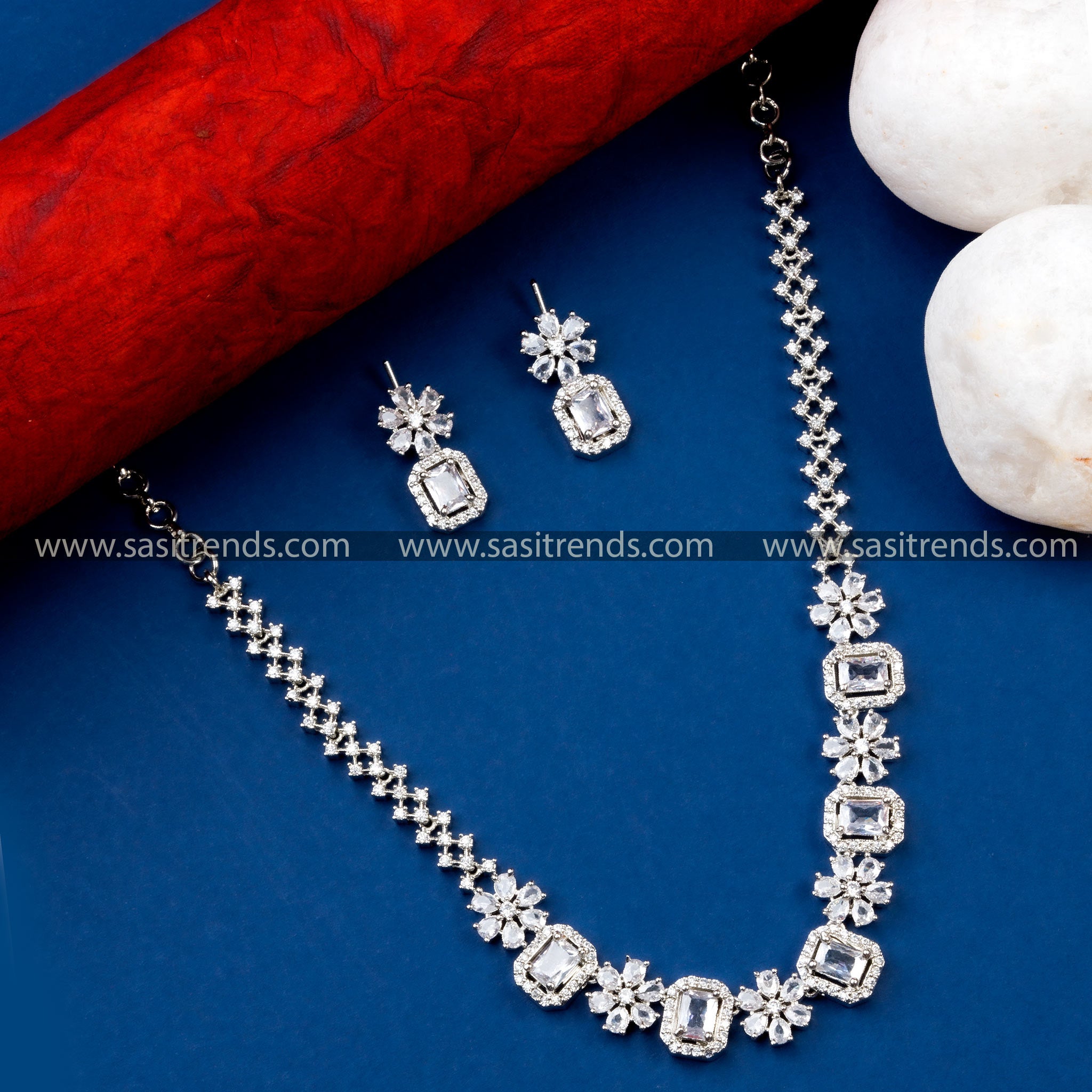 Classic White American Diamond Stone Rhodium Silver Plated Necklace Set - Versatile and Stylish