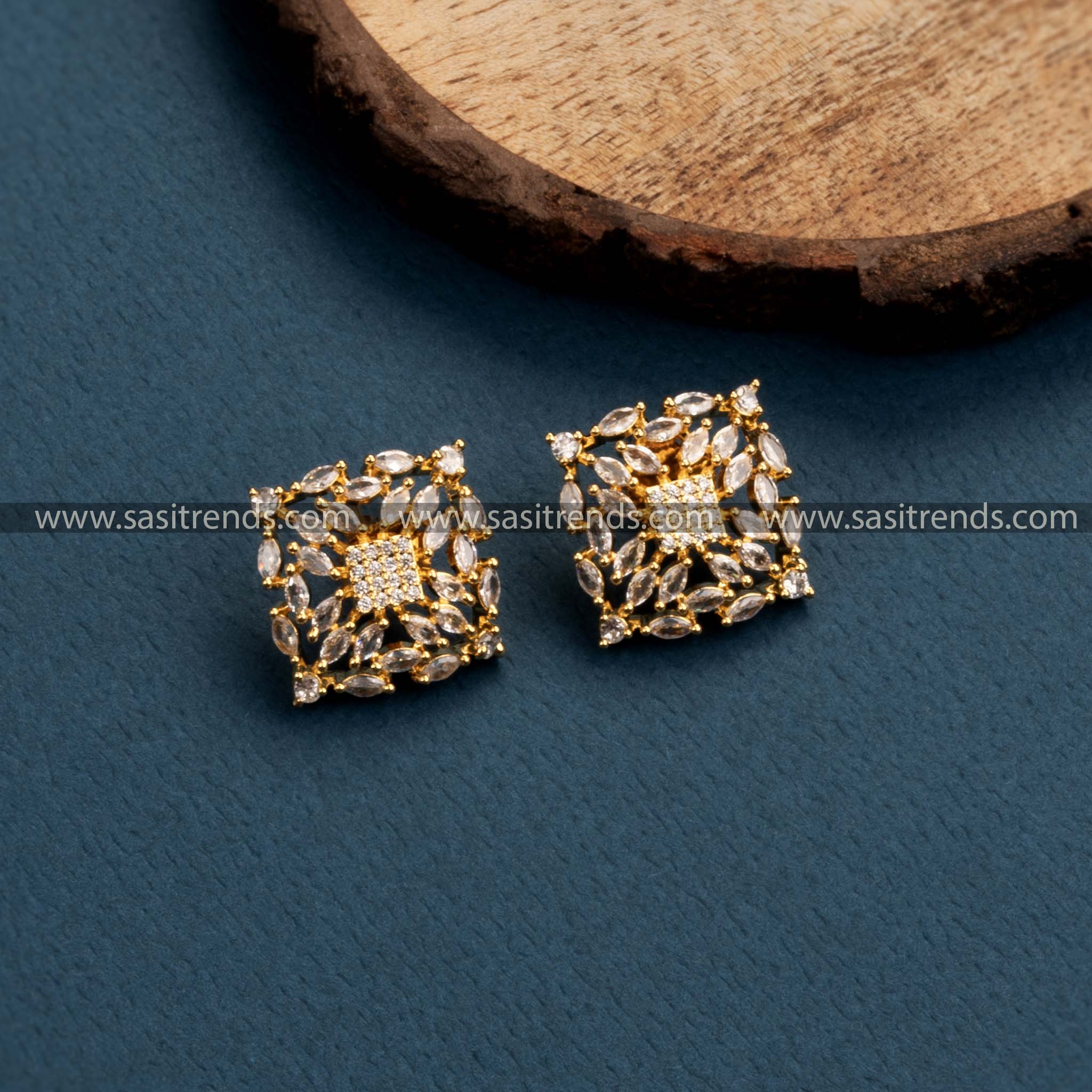 Rich Look Party Wear Earrings with Stunning Square Motif - American Diamond Stones | Sasitrends - Sasitrends