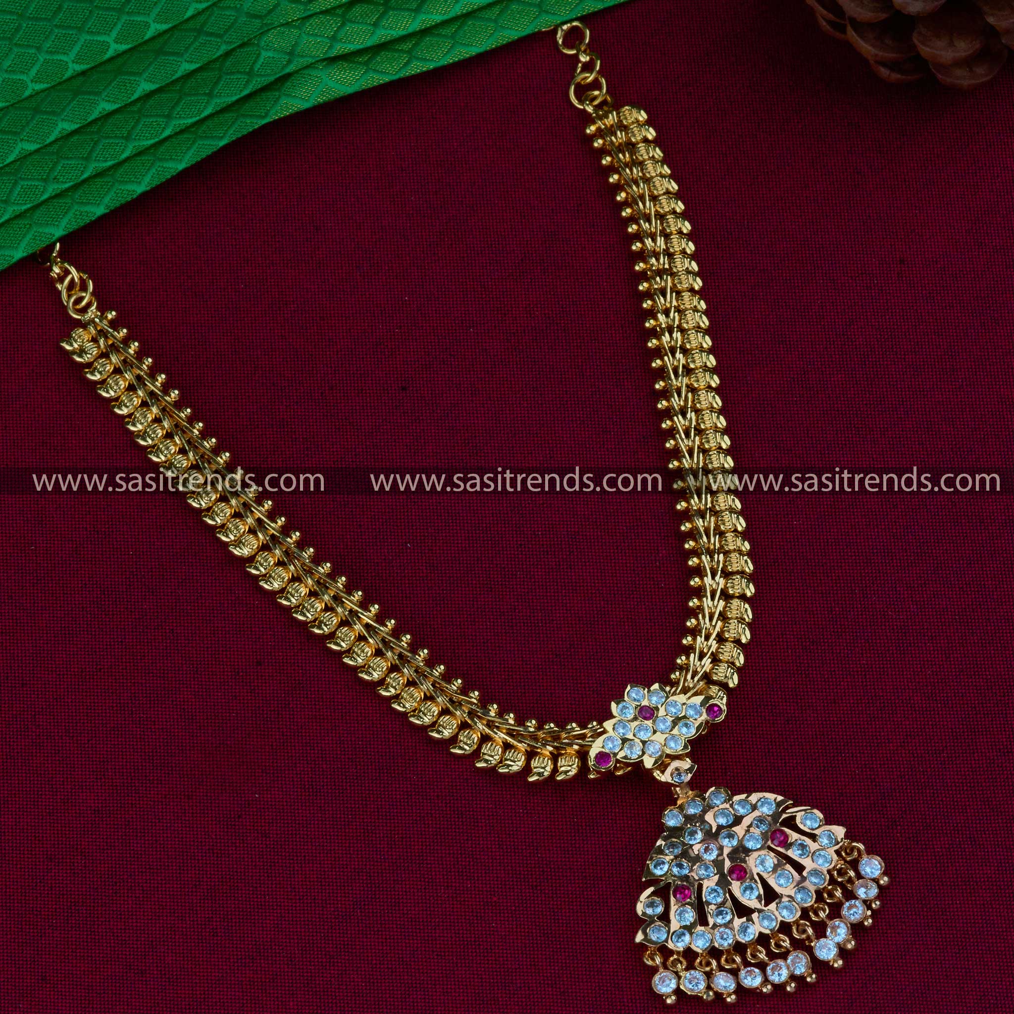 One Gram Micro Gold Plated Attigai Pendant with American Diamond Stones on Elegant Mango Chain