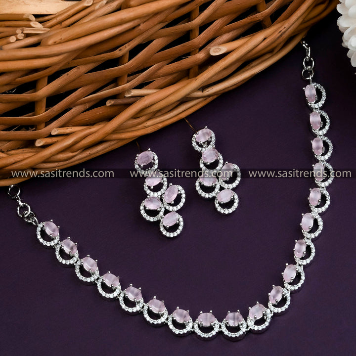 Party-Ready Rhodium Silver Plated AD Necklace with Baby Pink Stones - Latest Collection