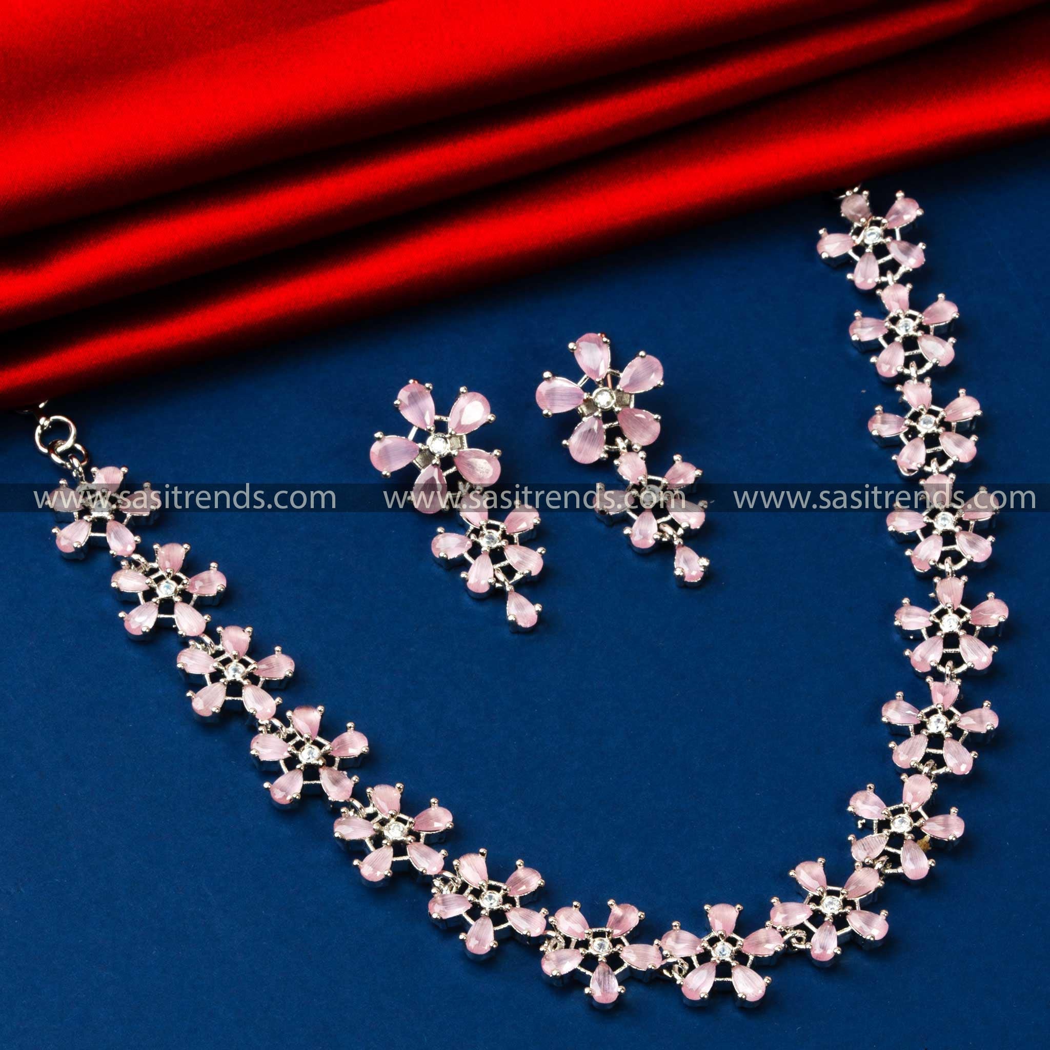 Rhodium Silver Necklace Set with Pink Floral Motifs and American Diamonds