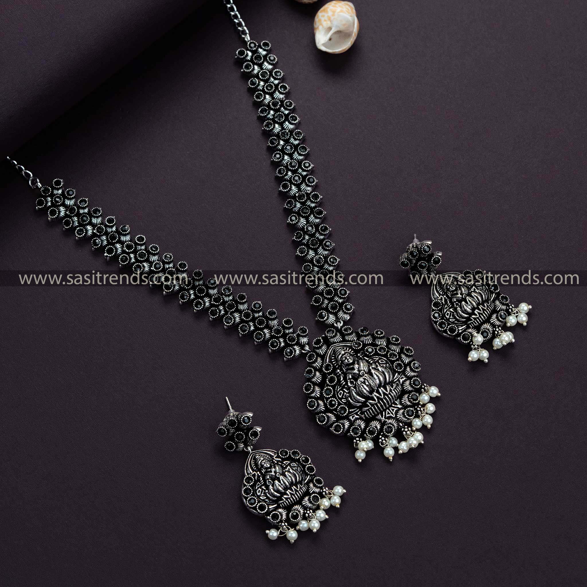 High Quality Oxidized German Silver Plated Lakshmi Design Pendant Choker Necklace Set With Adjustable buy Black Thread |India Boho Gypsy Jewelry