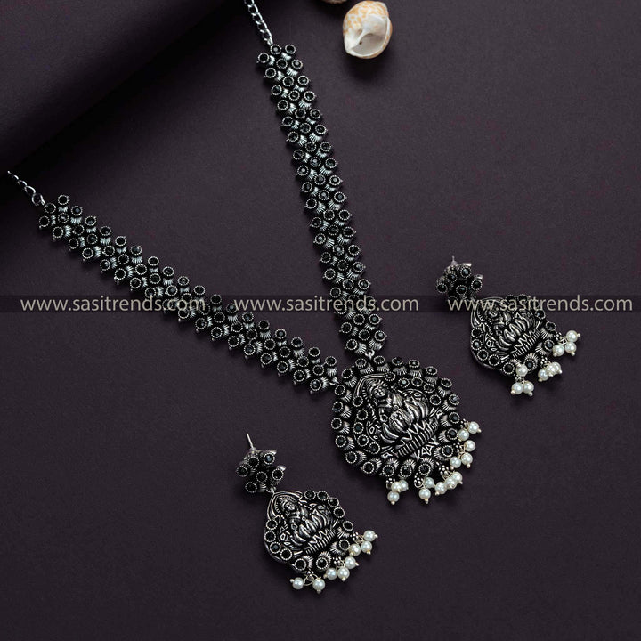 Mystical Lakshmi Oxidised German Silver Necklace with Black Stones - Ideal for Evening Celebrations