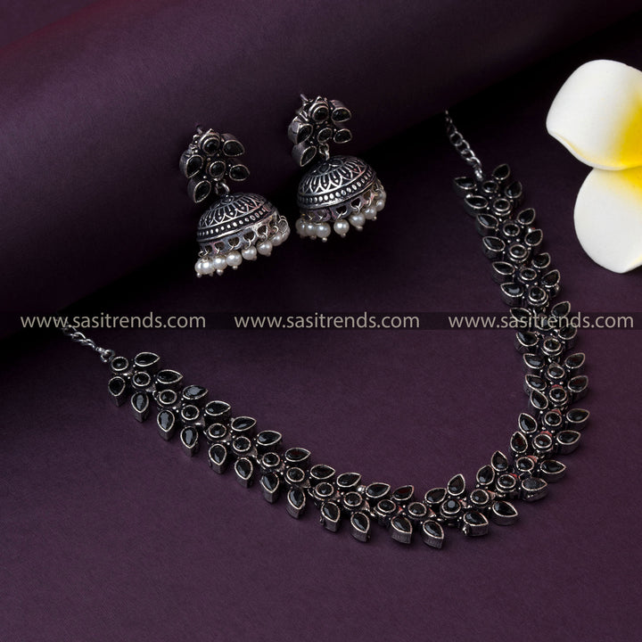 rendy Party Wear Oxidised German Silver Necklace with Black Stones and Pearl Jhumkas - Fashion Jewelry for Weddings, Parties