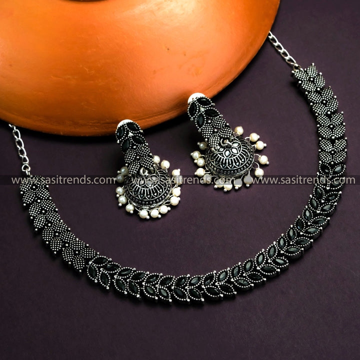 Oxidized German Silver Leaf Necklace with Jhumkas & Black Stones - Timeless Beauty for Online Shopping