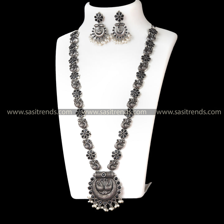 Traditional Wear Peacock Chandbali Pendant Long Necklace Set with Oxidized German Silver & Black Stones