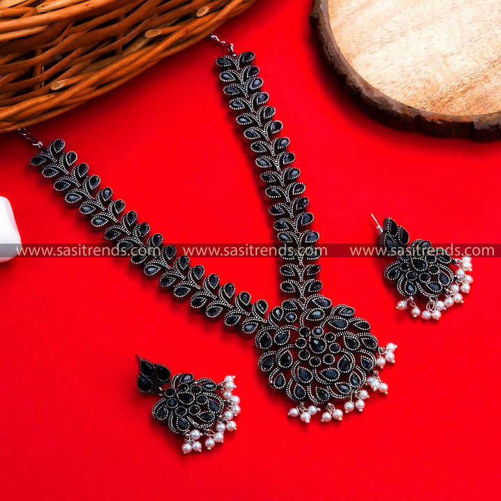 Oxidised German Silver Black Color Floral Necklace with Earrings - Party Wear Jewelry