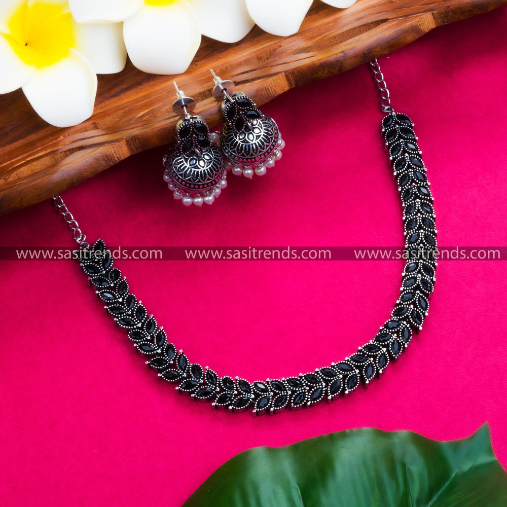 Elegant Oxidised German Silver Leaf Necklace with Jhumkas - Black Stones, Party Wear Jewelry for a Chic Look