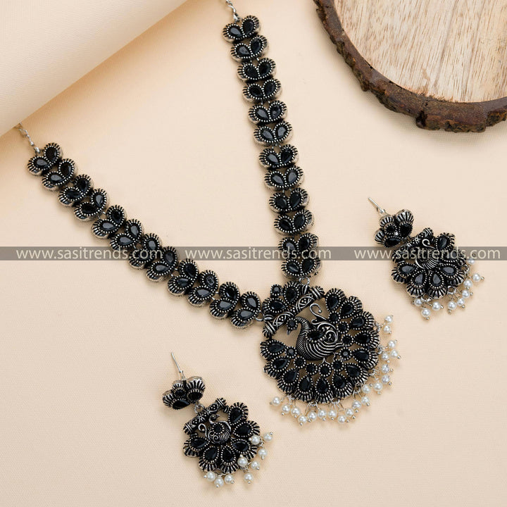 Trendy Party Wear Floral Peacock Oxidised German Silver Necklace Set with Earrings, Black Stone Accents