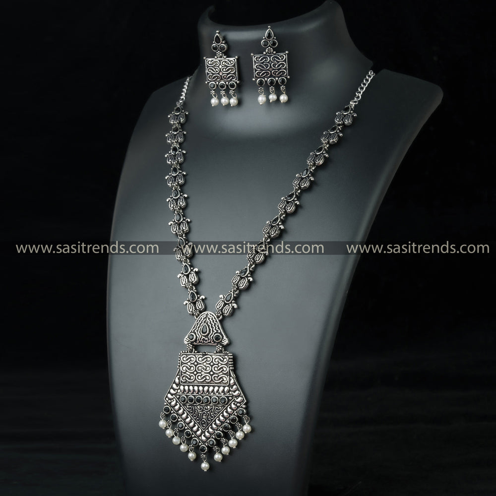 Stunning Tribal Pendant Necklace Set with Black Stones and Pearl Drops - Trendy Oxidized German Silver Jewelry