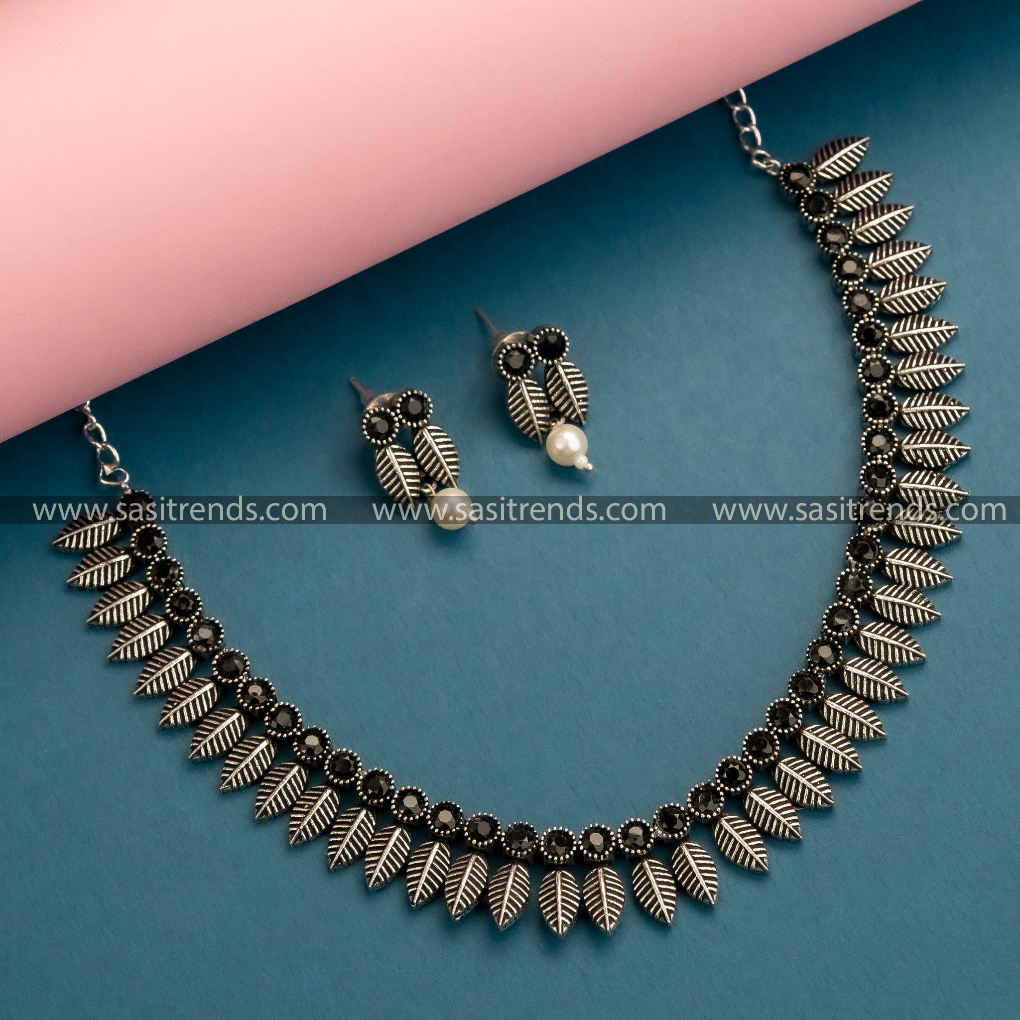 Sophisticated Oxidized German Silver Necklace with Black Stones and Leaf Patterns - Latest Women's Jewelry