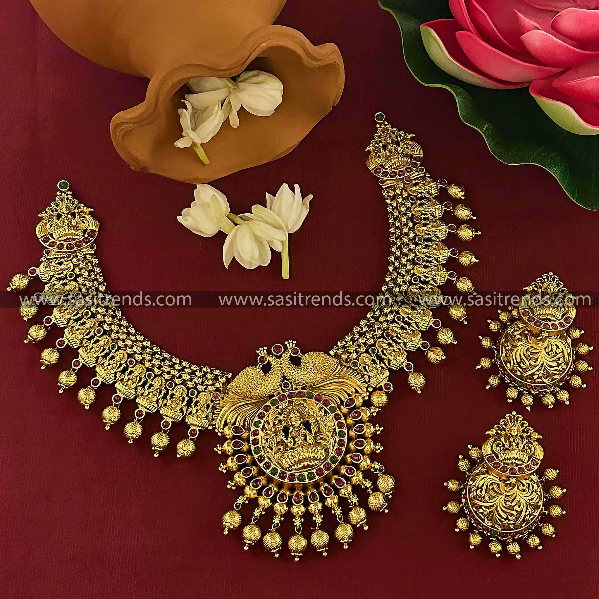 Matte Gold Plated Lakshmi Peacock Pendant Choker Necklace & Jhumkas Set - Traditional Indian Jewelry