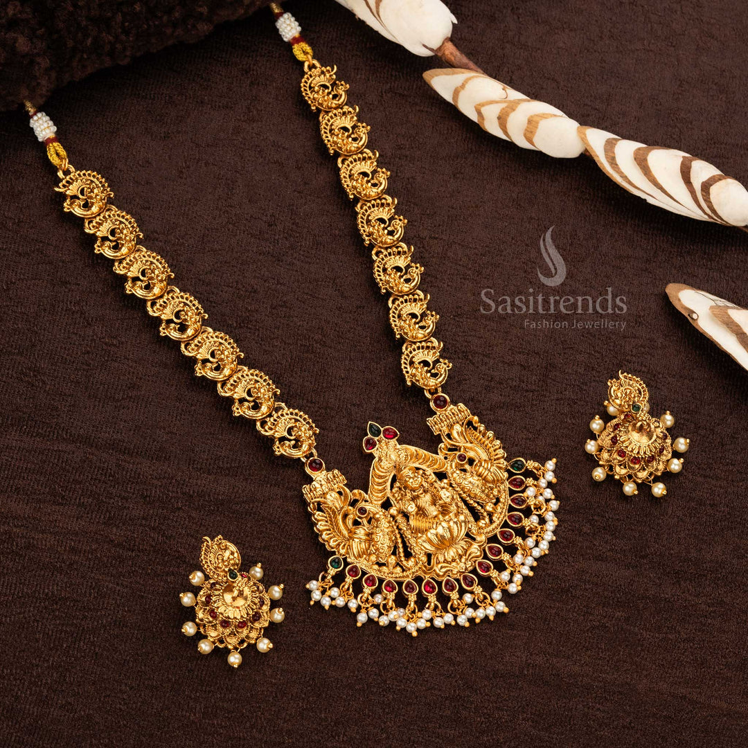 Classic Traditional Temple Gold Plated Peacock Lakshmi Pendant Necklace Set - Sasitrends