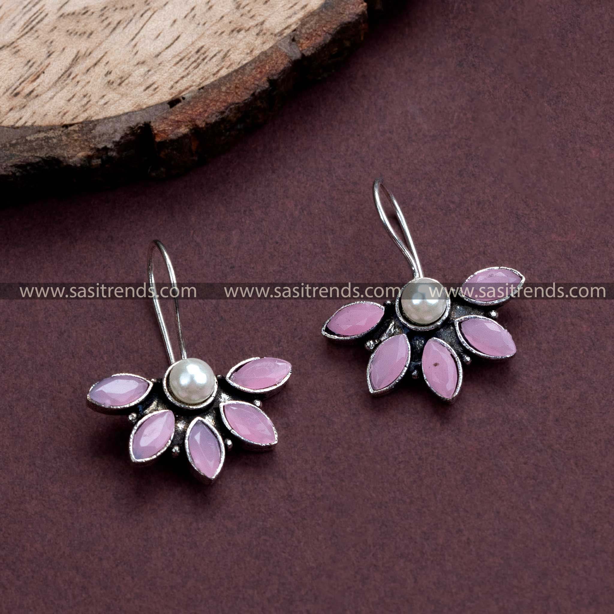 Oxidized German Silver Hook Earrings with Pink Stones - Trendy Office Wear Collection for Women, Enhance Your Style