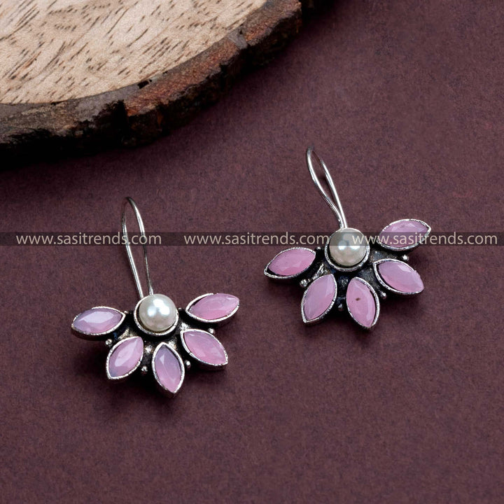 Oxidized German Silver Hook Earrings with Pink Stones - Trendy Office Wear Collection for Women, Enhance Your Style