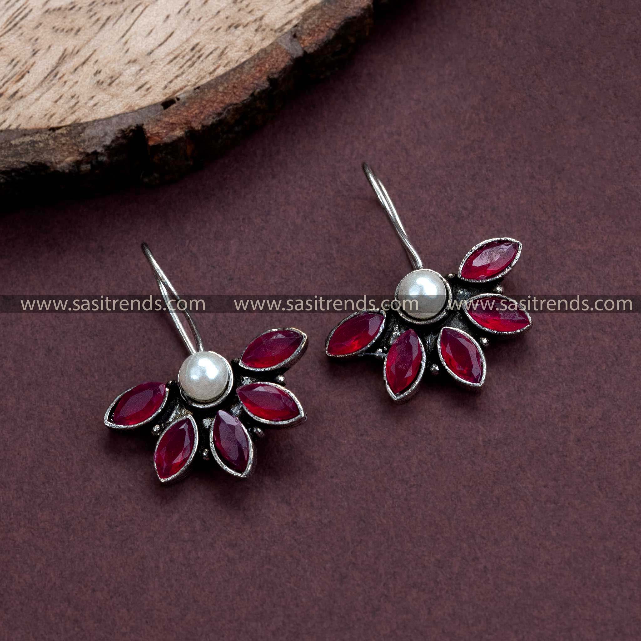 Oxidized German Silver Hook Earrings with Ruby Stones - Trendy Office Wear Collection for Women