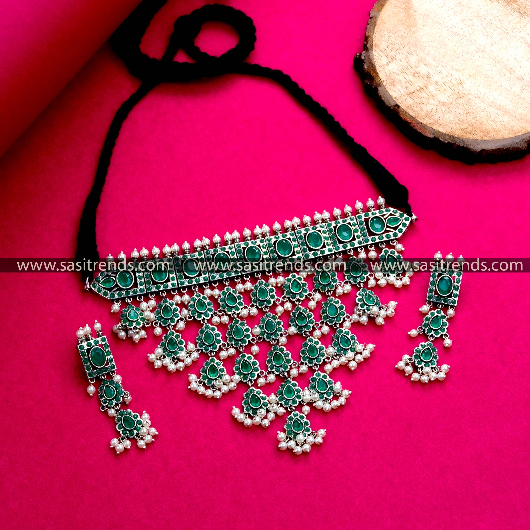 Green Choker Necklace Set - Trendy Design with Oxidized Silver & Pearls