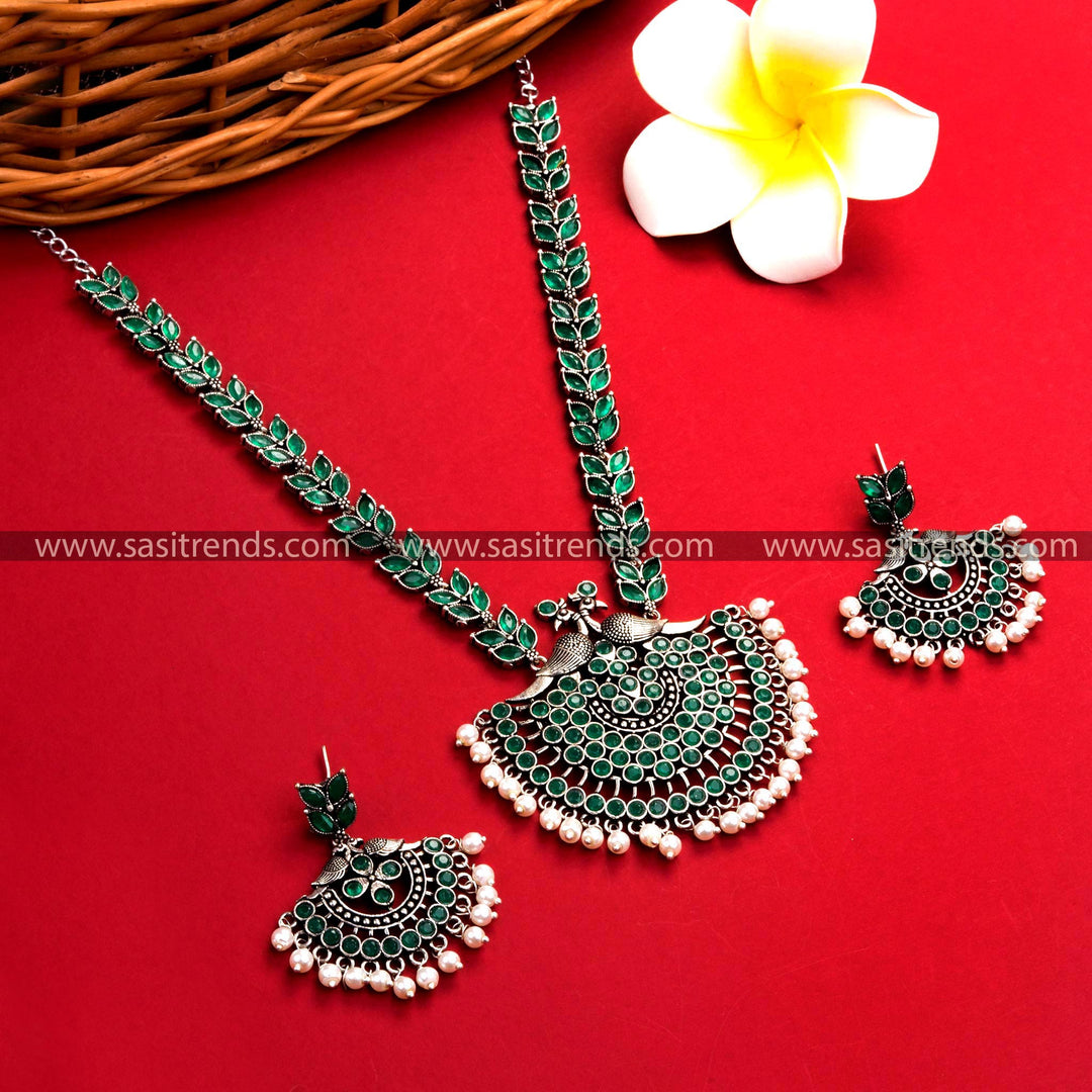 Party Wear Oxidised Silver Necklace with Vibrant Green Stones and Peacock Pendant - Traditional Jewelry