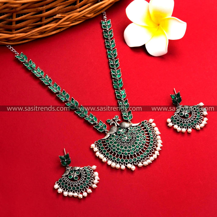 Traditional Oxidised Silver Pearl Long Necklace Stones Jewellery Set with Peacock-Floral Pendant and Pearl Earrings | Sasitrends