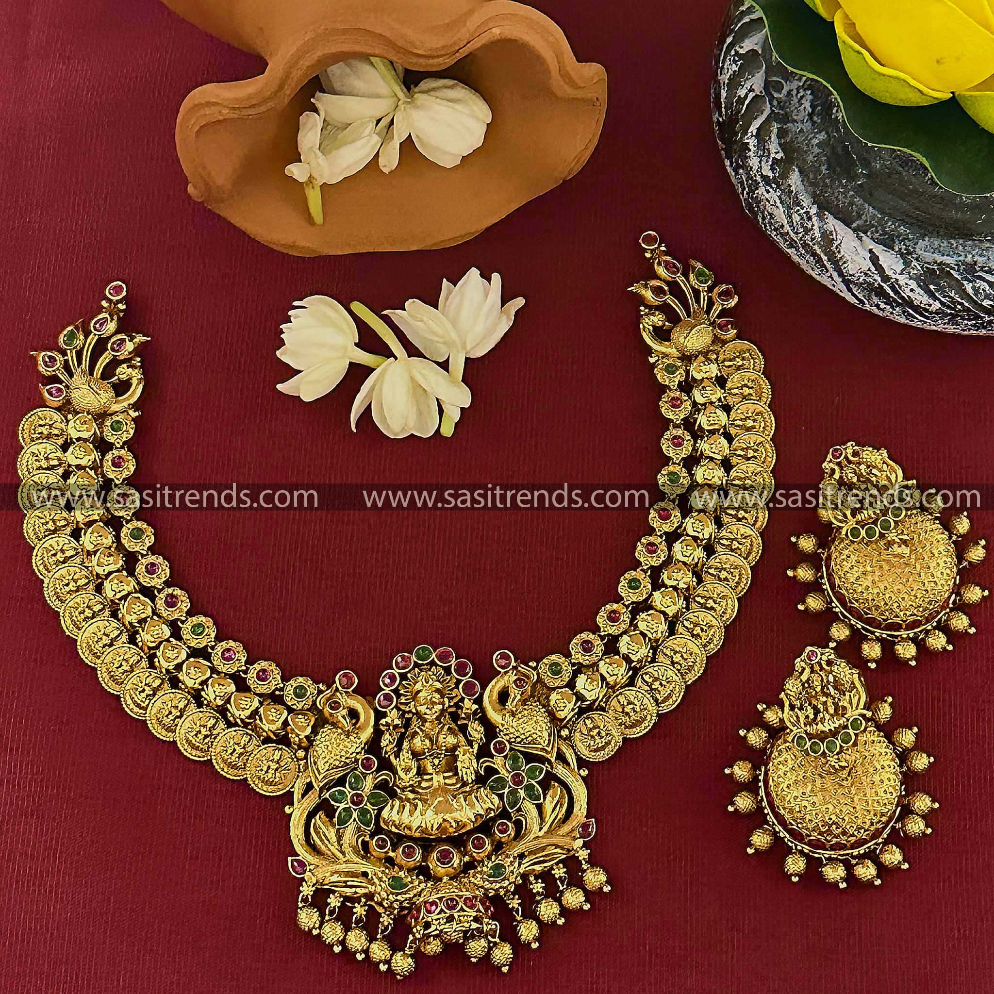 Matte Gold Lakshmi Peacock Choker Necklace Set with Jhumkas