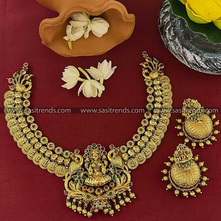 Exquisite Lakshmi and Peacock Choker Jewellery Set - Bridal Temple Matte Gold Tone | Sasitrends