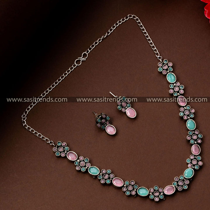 Latest Flower Motif Oxidised German Silver Jewellery Necklace with Earrings - Perfect for Parties and Occasions - Sasitrends