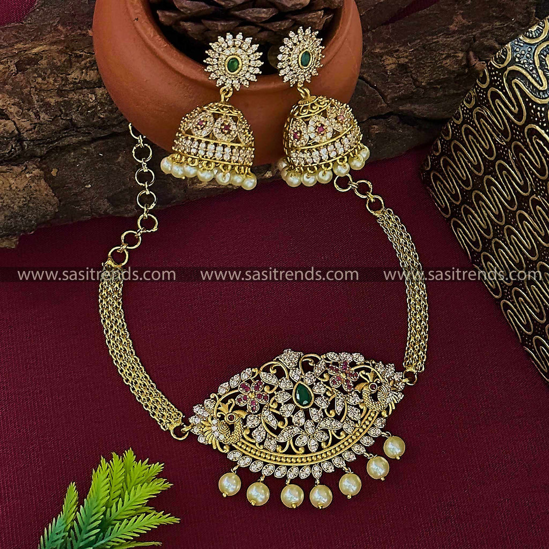 Temple Gold Plated Floral Peacock Choker AD Necklace with Jhumkas