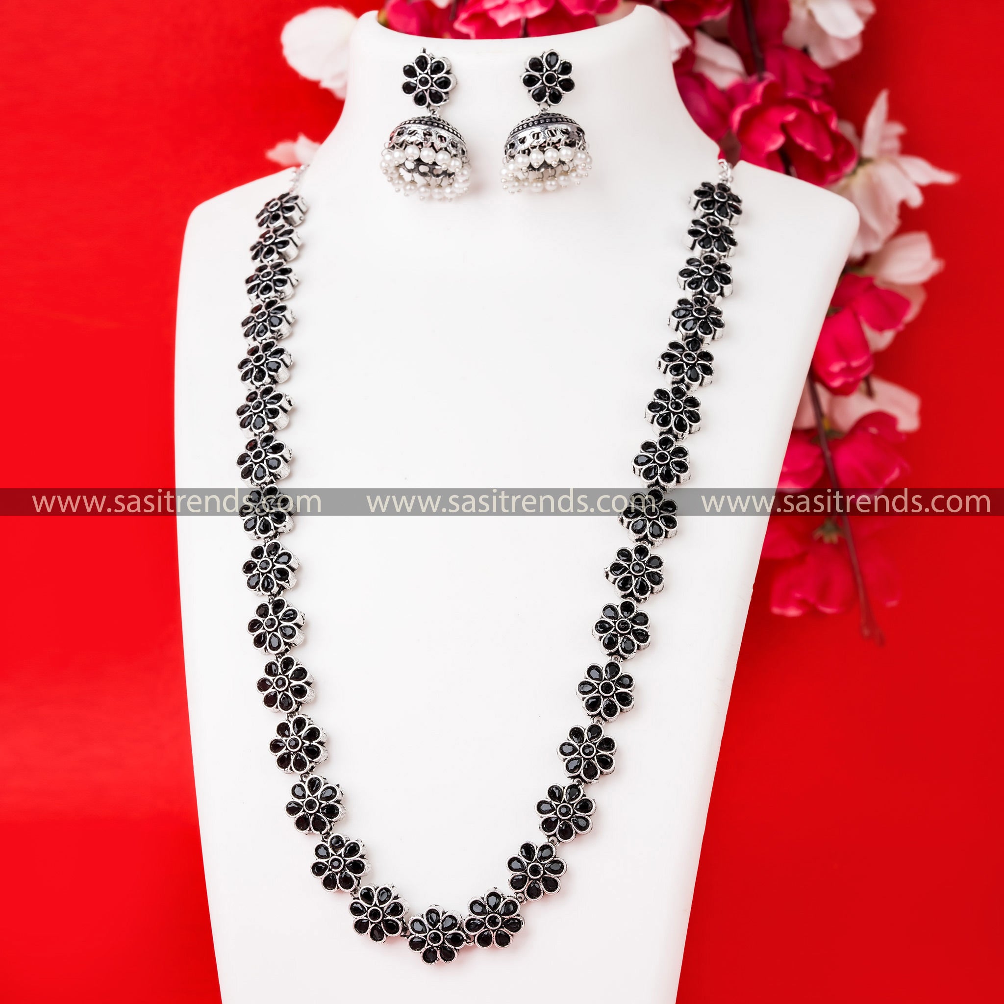 Elegant Black Stone Floral Necklace Set - Trendy Party Wear Oxidised German Silver Jewelry with Floral Motifs and Pearl Jhumkas