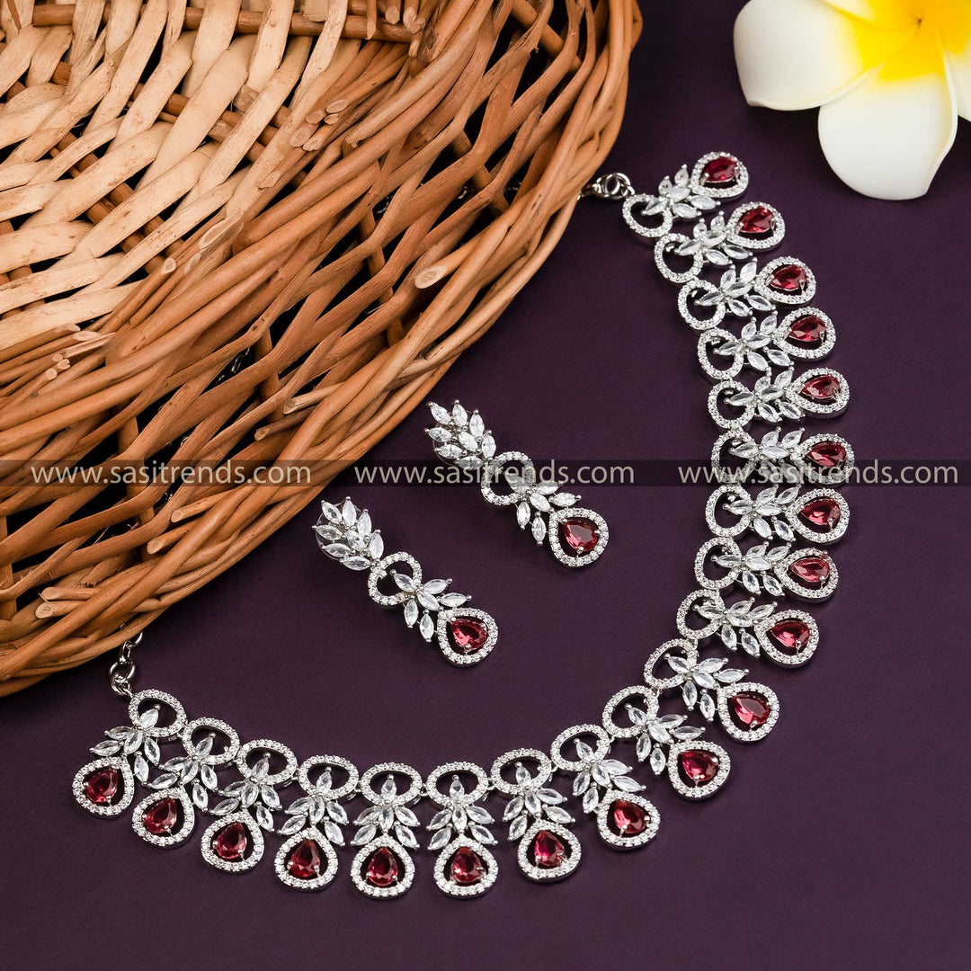 Stunning Rhodium Silver Plated Red Color Flower AD Necklace & Earrings Set - Trendy Party Wear