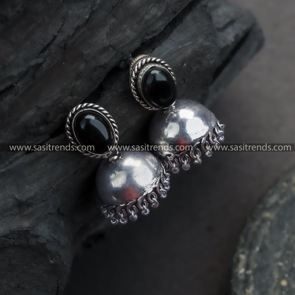 Trendy Traditional Oxidized German Silver Jhumka Earrings with Oval Monalisa Stone | Sasitrends - Sasitrends