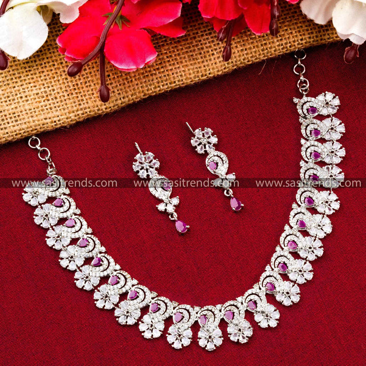 Luxurious Ruby Stone Floral Pattern Necklace Set - Rhodium Plated, American Diamonds, Party Wear Jewelry