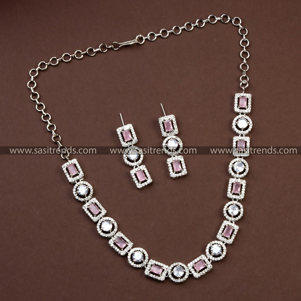 Dazzling Rhodium Silver Plated Necklace Set with Beautiful Pink Gemstones - Sparkling American Diamond Accents, Ideal for Parties