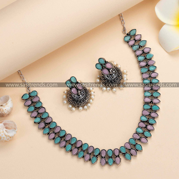 Stylish Oxidised German Silver Necklace & Pearl Jhumkas with Pink-Mint Stone Accents - Fashionable Traditional Accessories