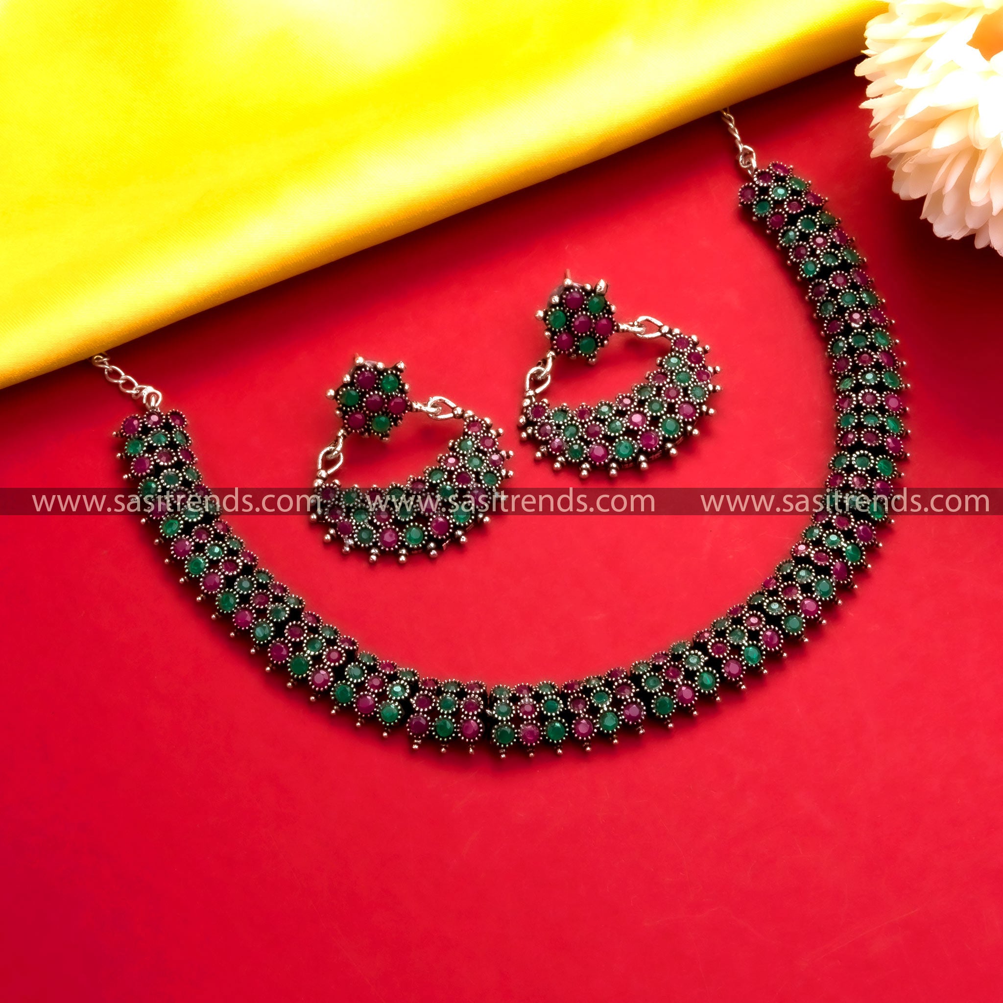 Trendy Oxidised German Silver Necklace Set with Ruby-Green Stones - Party Wear