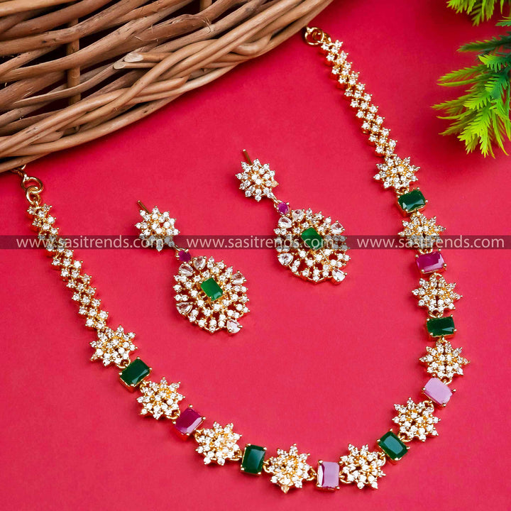 New Gold plated American Diamond Multi coloured Necklace with Earrings