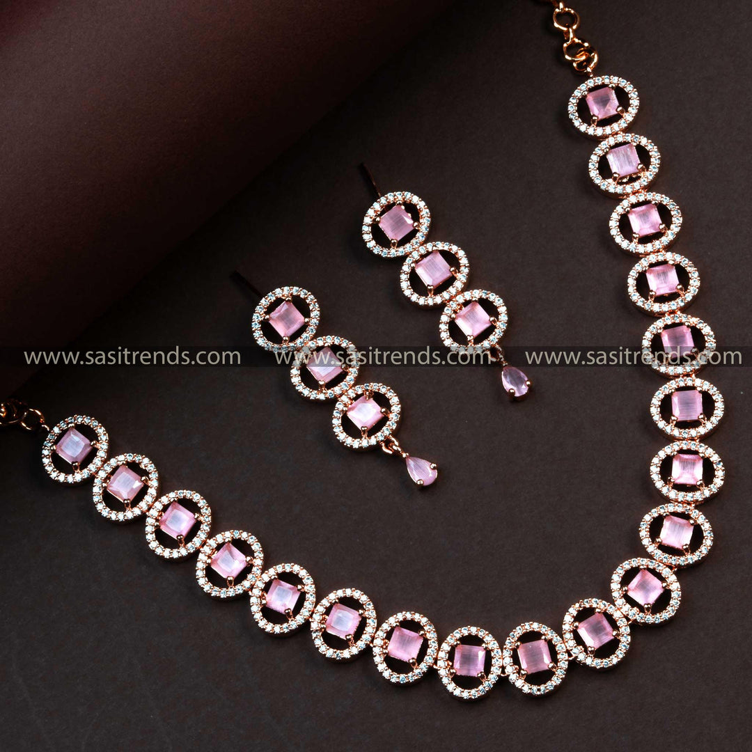 Charming Pink AD Stone Rose Gold Plated Necklace Set - Oval Pattern Party Wear Jewelry with Earrings